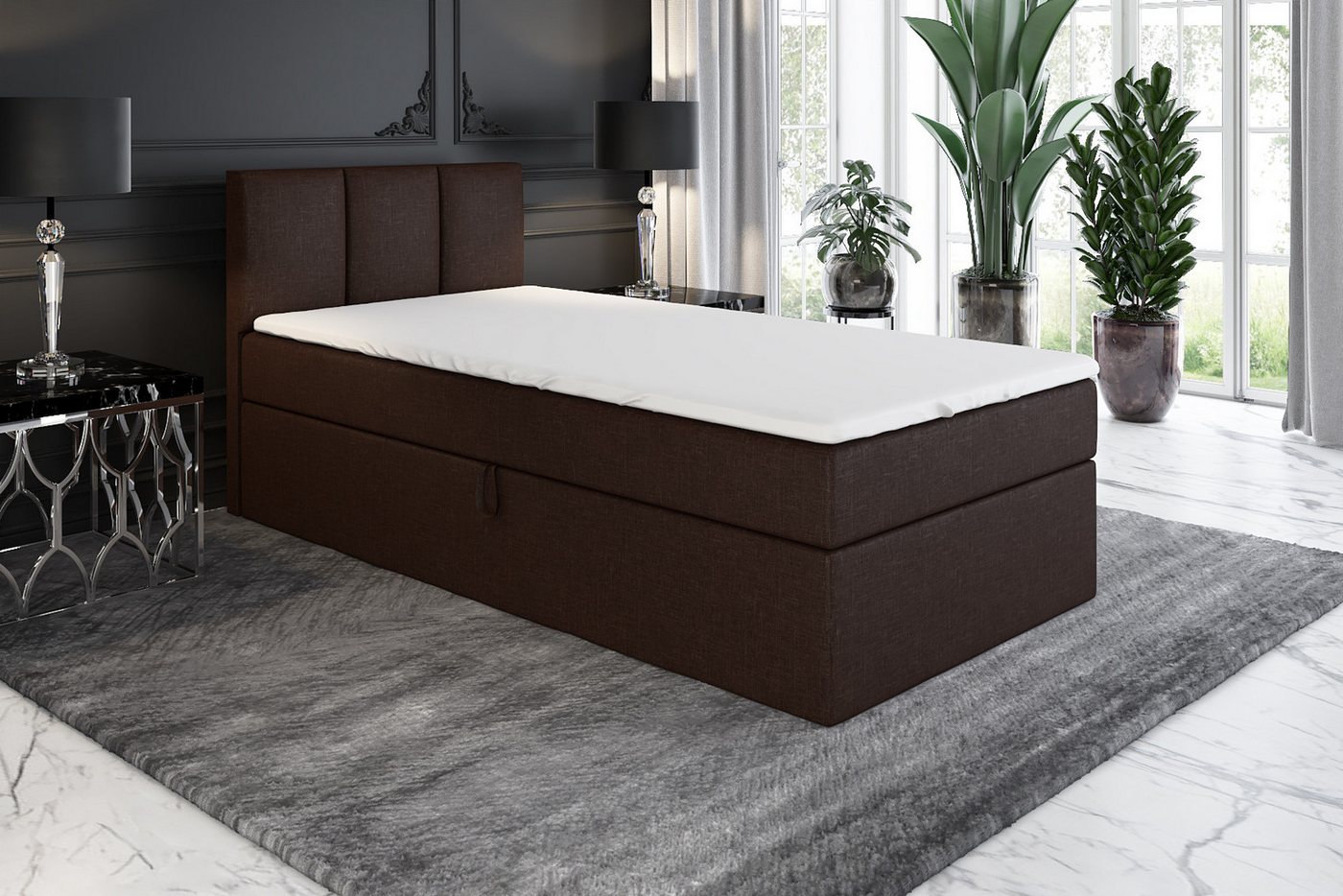 A&J MöbelLand GmbH Boxspringbett Einzelbett NASI mit Bettkasten, Topper und gepolstertem Kopfteil. (Boxspringbett mit Bettkasten und gepolstertem Kopfteil. Incl – Bild 2 von 5