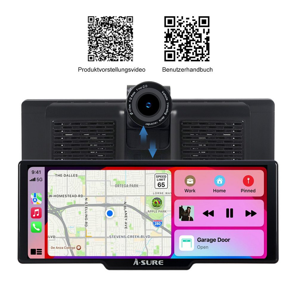 A-Sure 10.26" HD Auto Display Car Display Wireless Apple CarPlay Android Auto Navigationsgerät (4K-Frontkamera/10.26" IPS Bildschirm( 1600*600) /64GB Rom TF Car – Bild 2 von 5