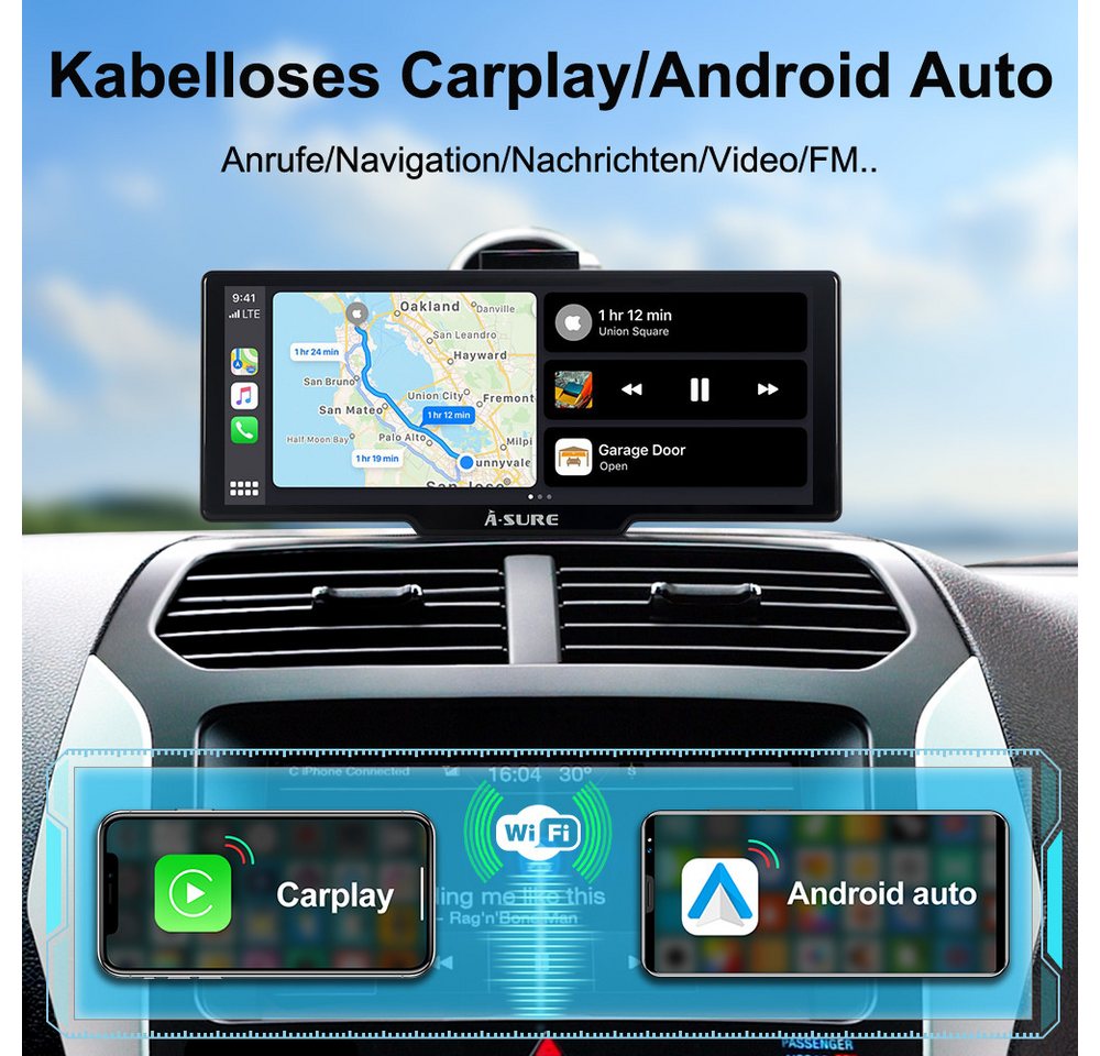 A-Sure 10.26" HD Auto Display Car Display Wireless Apple CarPlay Android Auto Navigationsgerät (4K-Frontkamera/10.26" IPS Bildschirm( 1600*600) /64GB Rom TF Car – Bild 3 von 5