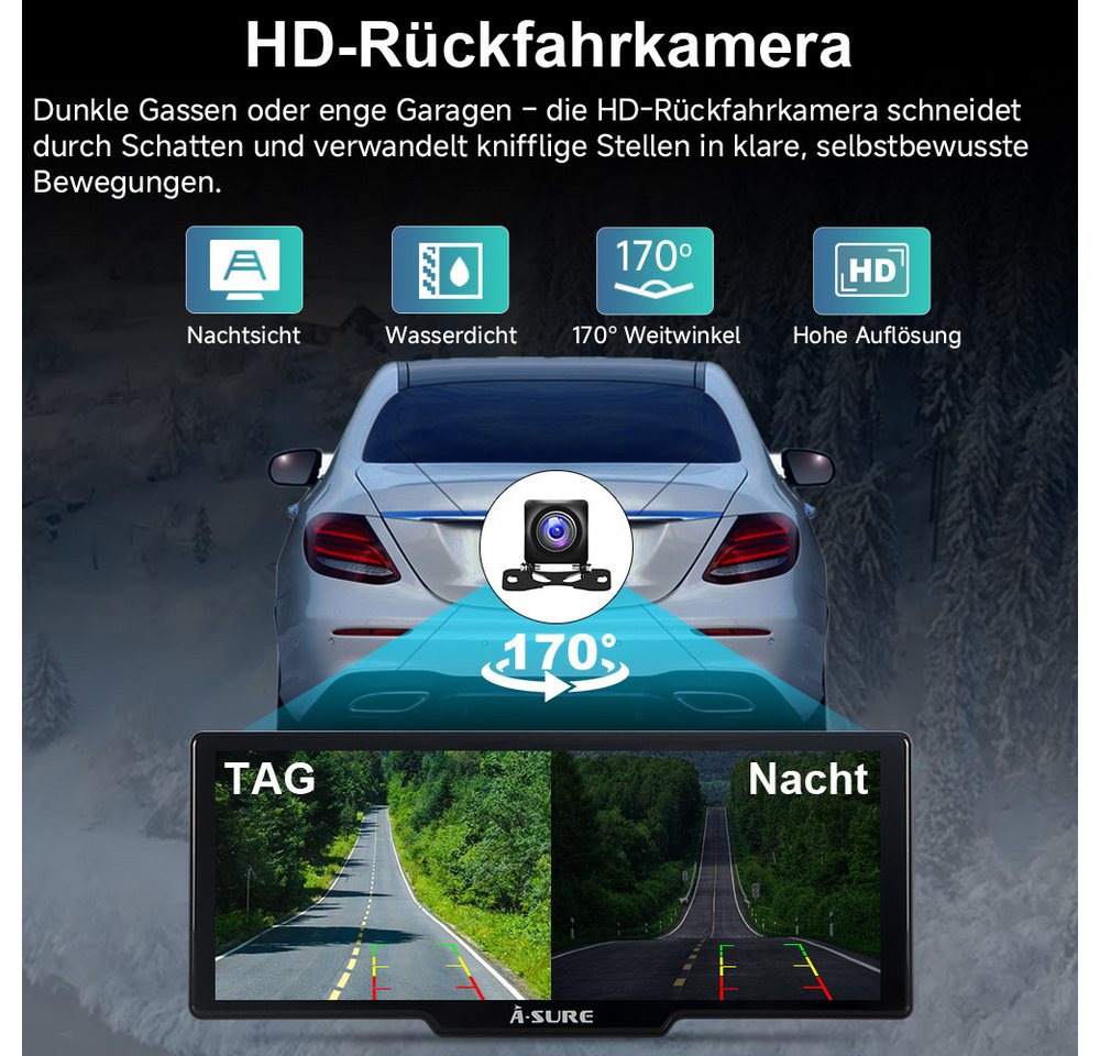 A-Sure 10.26" HD Auto Display Car Display Wireless Apple CarPlay Android Auto Navigationsgerät (4K-Frontkamera/10.26" IPS Bildschirm( 1600*600) /64GB Rom TF Car – Bild 4 von 5