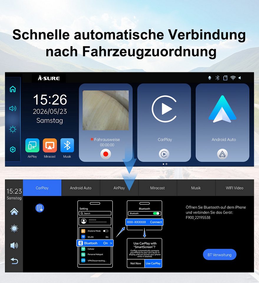 A-Sure 10.26" HD Auto Display Car Display Wireless Apple CarPlay Android Auto Navigationsgerät (4K-Frontkamera/10.26" IPS Bildschirm( 1600*600) /64GB Rom TF Car – Bild 5 von 5