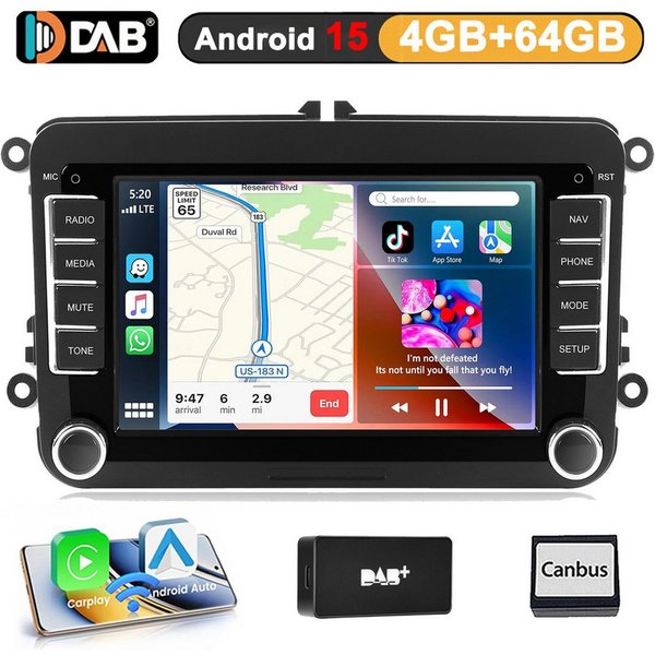 A-Sure 4+64 Android 15 CarPlay für VW GOLF 5 6 Plus Polo Cadddy Touran Passat Autoradio (RDS, DSP, 8Core, Digitalradio (DAB), FM, AM, 4+64G / Bluetooth 5.4 /WiF