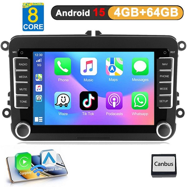 A-Sure 4+64 Android 15 CarPlay für VW GOLF 5 6 Plus Polo Cadddy Touran Passat Autoradio (RDS, DSP, 8Core, Digitalradio (DAB), FM, AM, 4+64G / Bluetooth 5.4 /WiF