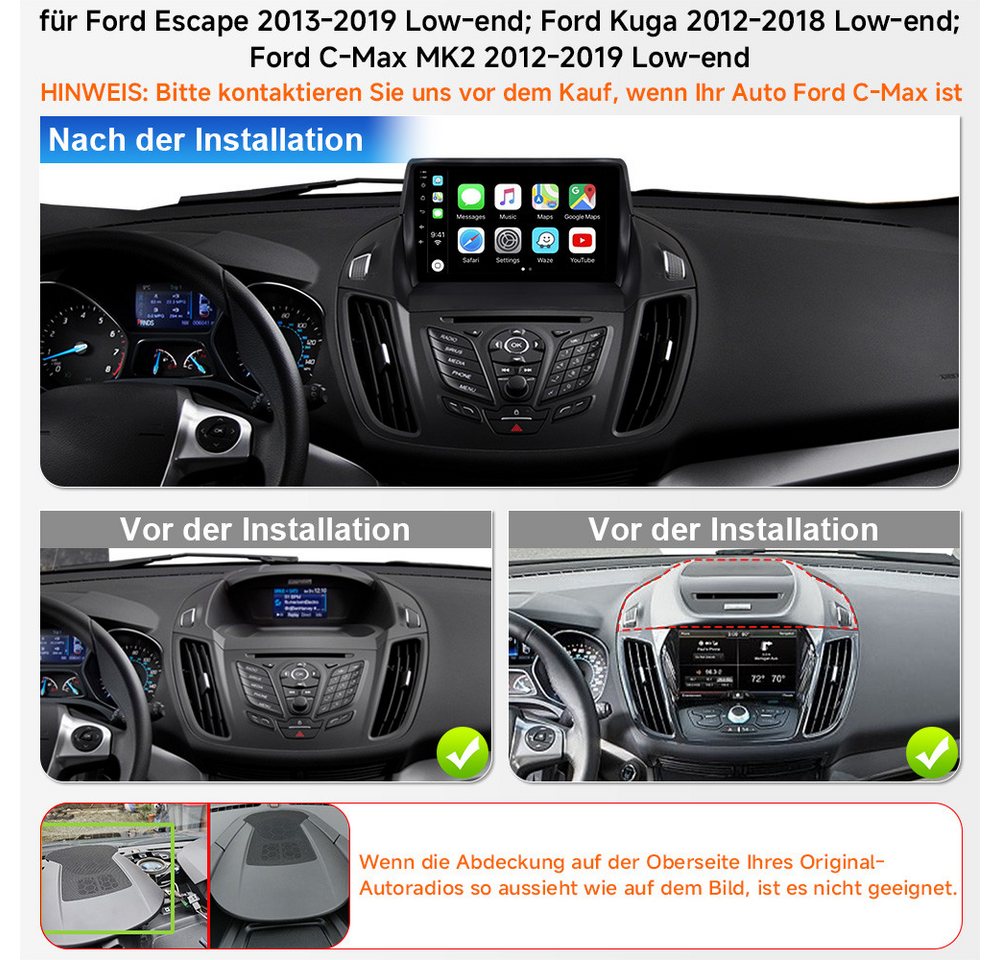 A-Sure 9" CarPlay Android 15 Ford Kuga C-Max MK2 2012-2018 GPS Autoradio (RDS, Android Auto, Bluetooth, Digitalradio (DAB), FM RADIO, WIFI, CARPLAY, SWC) – Bild 2 von 5