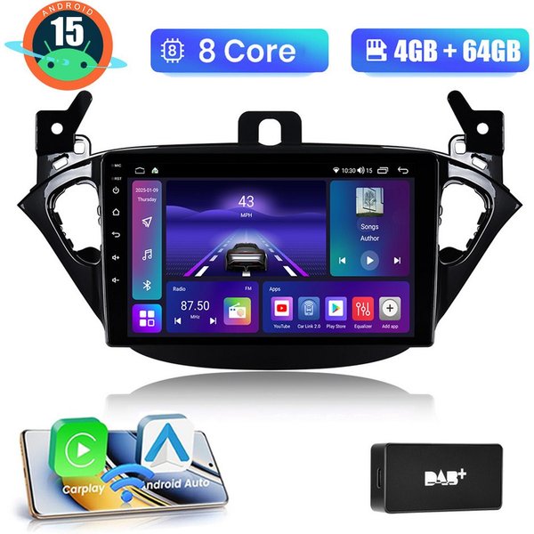A-Sure DAB+ CarPlay GPS WIFI Android 15 Für Opel Corsa E 2015-2019 Adam Autoradio (Digitalradio (DAB), FM, Carplay Android Auto Bluetooth EQ USB GPS Navi WIFI T