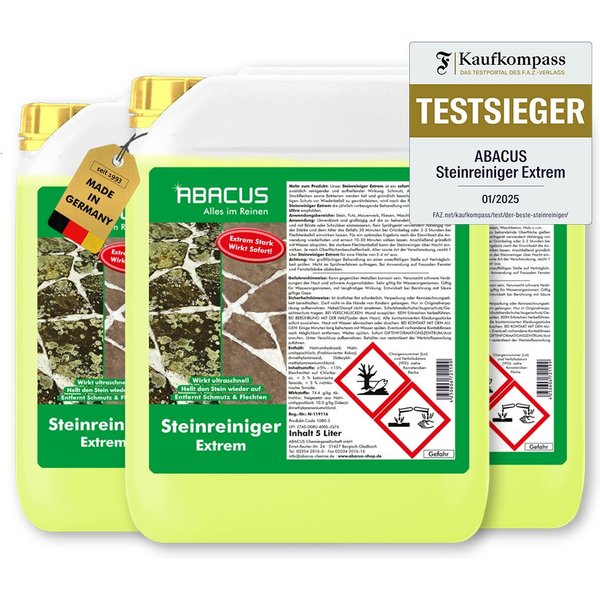 ABACUS Steinreiniger Extrem, Flechtenentferner, Steinreiniger Intensiv außen Grünbelagentferner (Entfernt sofort Algen, Schmutz, Grünbelag und Flechten, [- 15L
