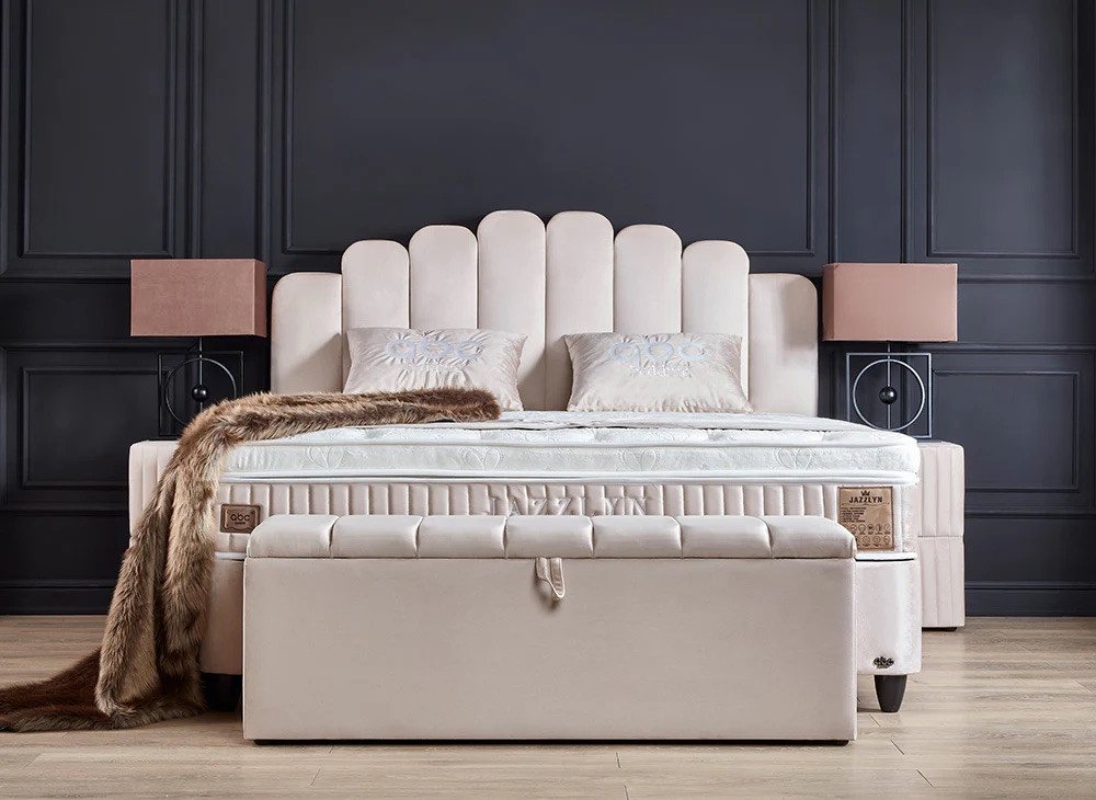 abc bedding Boxspringbett JAZZLYN Beige Samt Voll-orthopädisch mit Bettkasten & Stauraum – Bild 2 von 5
