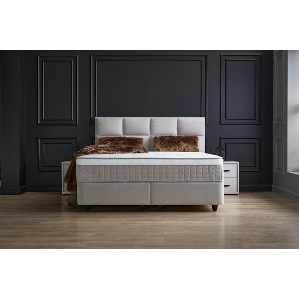 abc bedding Boxspringbett Komfortbett AYANA mit Samt Velours Webstoff in Grau Beige, Voll-orthopädisches Schlafsystem inklusive Bettkasten