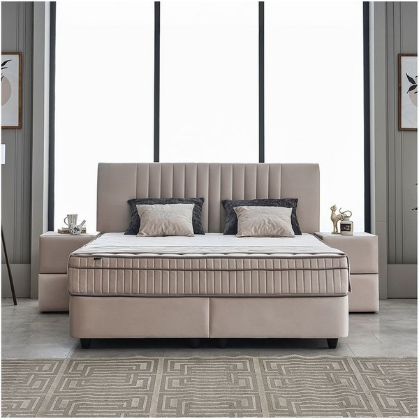 abc bedding Boxspringbett Komfortbett CLARA in Braun Beige Samt-Stoff (Bett mit Topper, inkl. Matratze und Topper), Voll-orthopädisches Schlafsystem inklusive B
