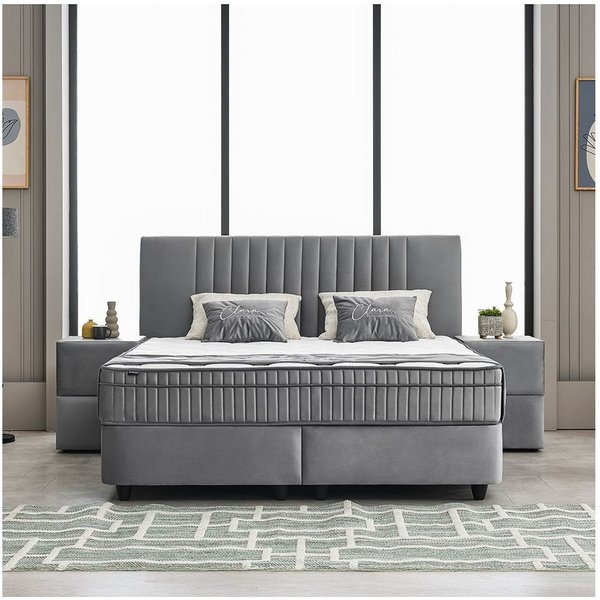 abc bedding Boxspringbett Komfortbett CLARA in Grau Samt-Stoff (Bett mit Topper, 3-St., inkl. Matratze und Topper), Voll-orthopädisches Schlafsystem inklusive B