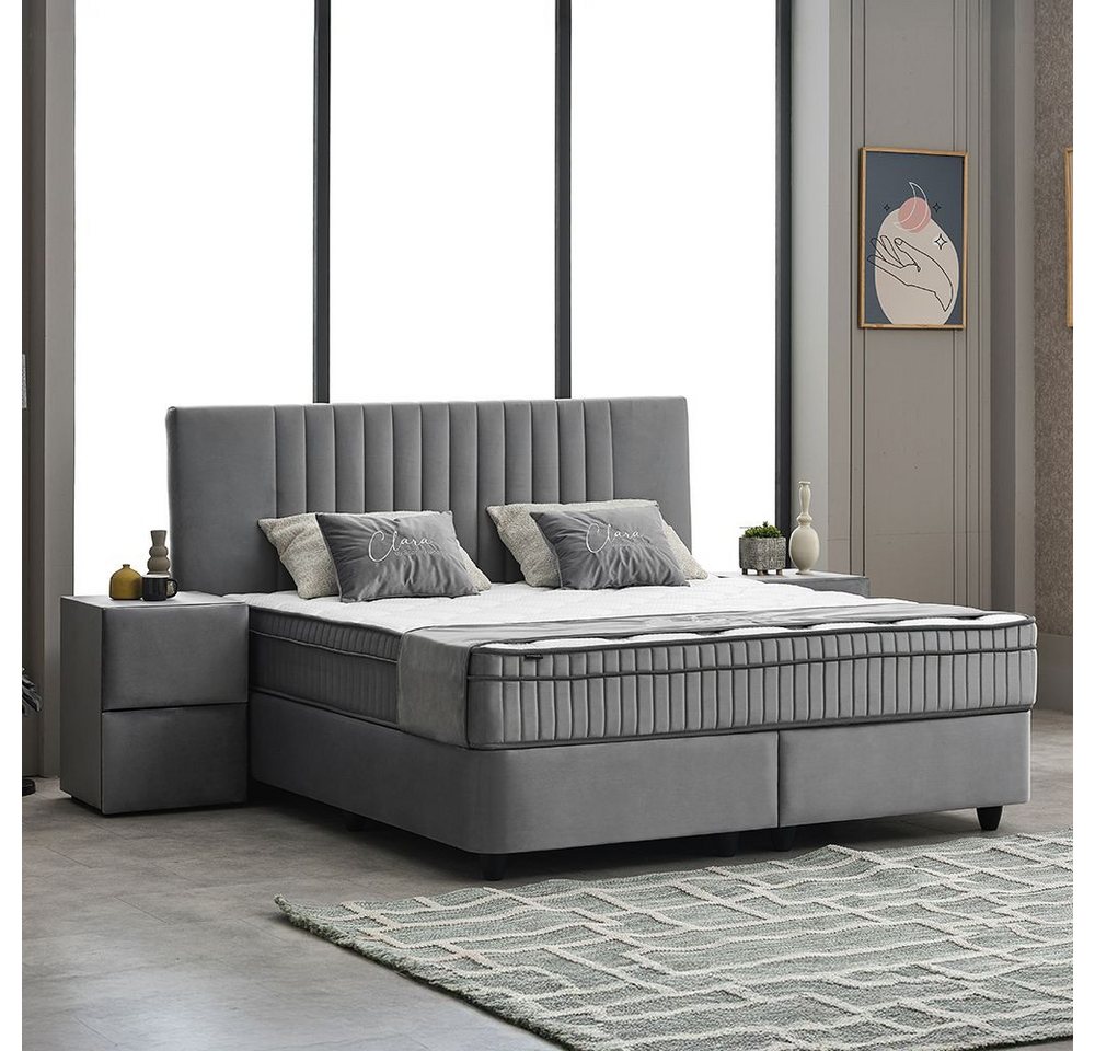 abc bedding Boxspringbett Komfortbett CLARA in Grau Samt-Stoff (Bett mit Topper, 3-St., inkl. Matratze und Topper), Voll-orthopädisches Schlafsystem inklusive B – Bild 3 von 5