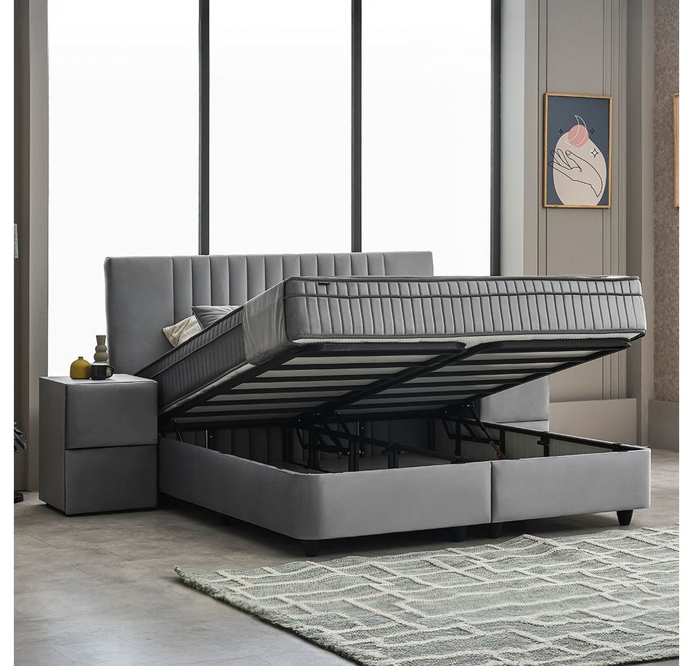 abc bedding Boxspringbett Komfortbett CLARA in Grau Samt-Stoff (Bett mit Topper, 3-St., inkl. Matratze und Topper), Voll-orthopädisches Schlafsystem inklusive B – Bild 4 von 5