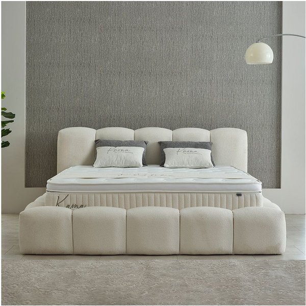 abc bedding Boxspringbett Komfortbett KAONA im stilvollen beige bouclé Stoffdesign, Voll-orthopädisches Schlafsystem inklusive Bettkasten