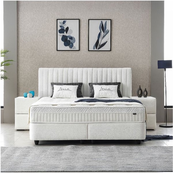 abc bedding Boxspringbett Komfortbett LAURA in stillvollem creme Stoffdesign (Bett mit Topper, inkl. Matratze und Topper), Voll-orthopädisches Schlafsystem inkl