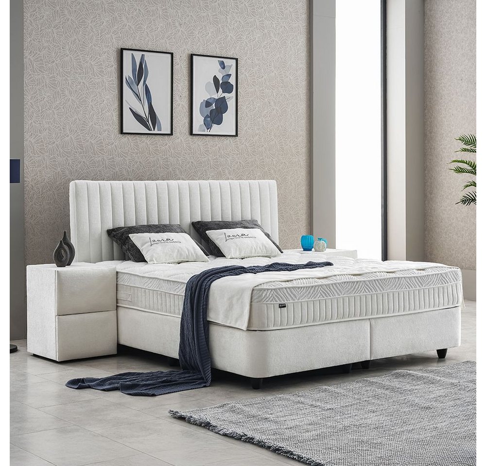 abc bedding Boxspringbett Komfortbett LAURA in stillvollem creme Stoffdesign (Bett mit Topper, inkl. Matratze und Topper), Voll-orthopädisches Schlafsystem inkl – Bild 3 von 5