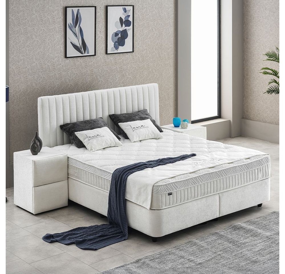 abc bedding Boxspringbett Komfortbett LAURA in stillvollem creme Stoffdesign (Bett mit Topper, inkl. Matratze und Topper), Voll-orthopädisches Schlafsystem inkl – Bild 5 von 5