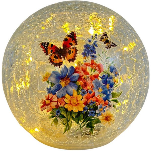 abc HOME Dekokugel LED Glaskugel Blumen & Schmetterling – Craquelé-Effekt, warmweiß, 14cm