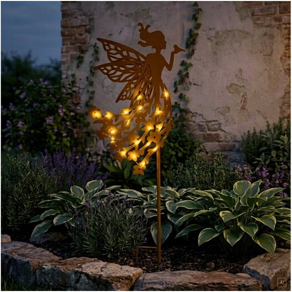abc HOME Gartenstecker Solar Fee Edelrost – 20 LED Warmweiß – 65 cm hoch