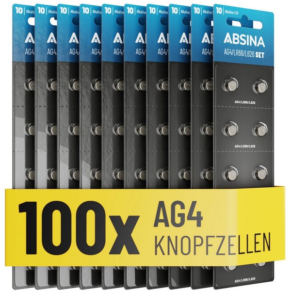 ABSINA AG4 LR66 Knopfzelle 100er Pack - 1,5V Alkaline Knopfzellen Knopfzelle, AG4 (1,5 V, 1 St), Temperaturfest von -10°C bis +50°C, langlebig, auslaufsicher