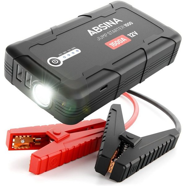 ABSINA Auto Starthilfe Powerbank 1500A - 12V Booster, Ladegerät KFZ Starthilfegerät 2500 mAh (14,8 V)