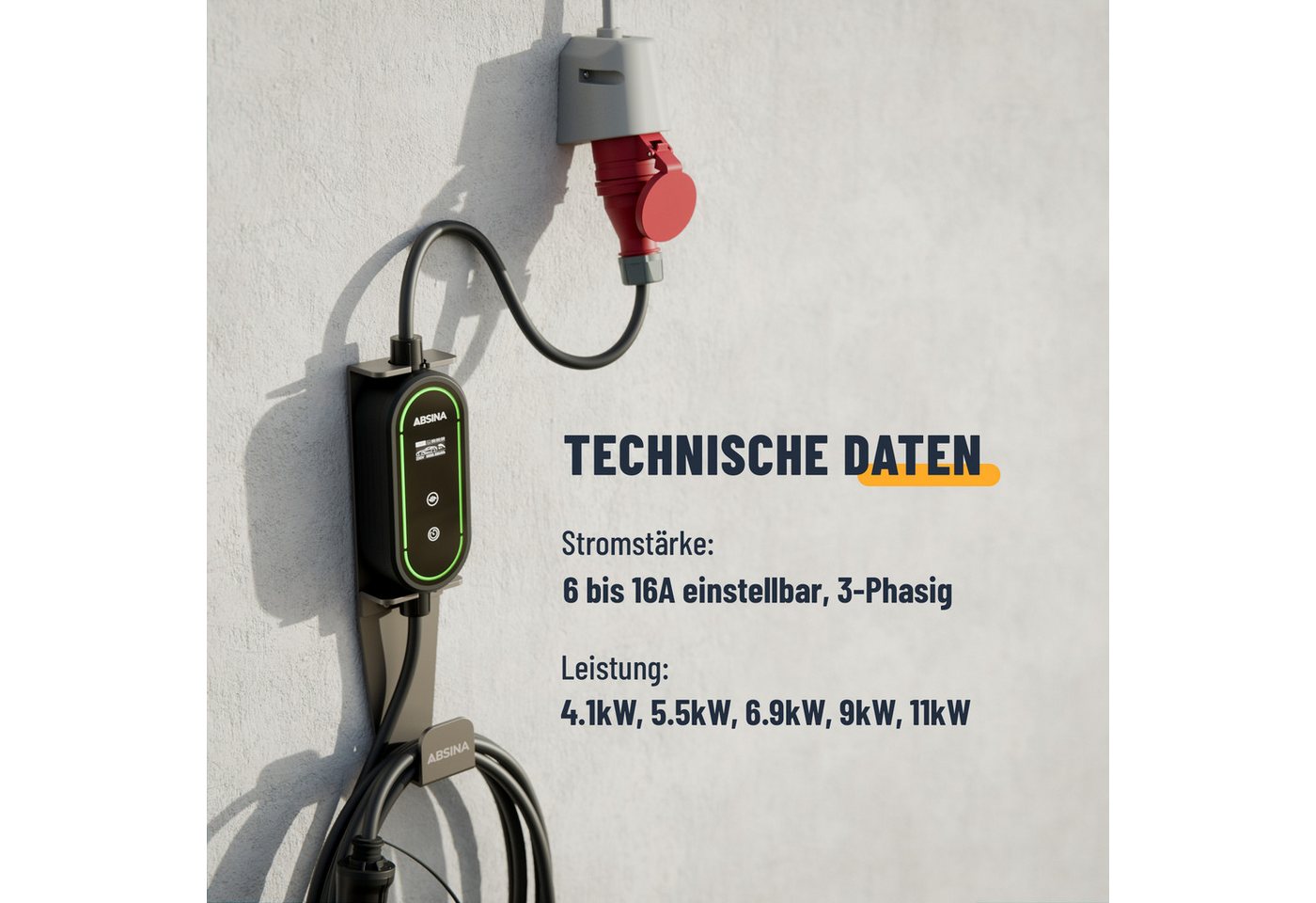 ABSINA Ladekabel CEE 16A auf Typ 2 mit einstellbarer Ladeleistung 11kW 16A Elektroauto-Ladegerät (1-tlg) – Bild 4 von 5