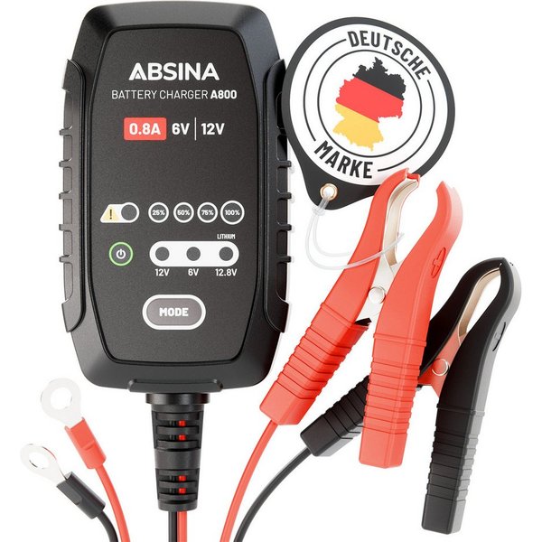 ABSINA Motorradbatterie Ladegerät - Motorrad Erhaltungsladegerät für 6V & 12V Autobatterie-Ladegerät (800 mA, 1-tlg)