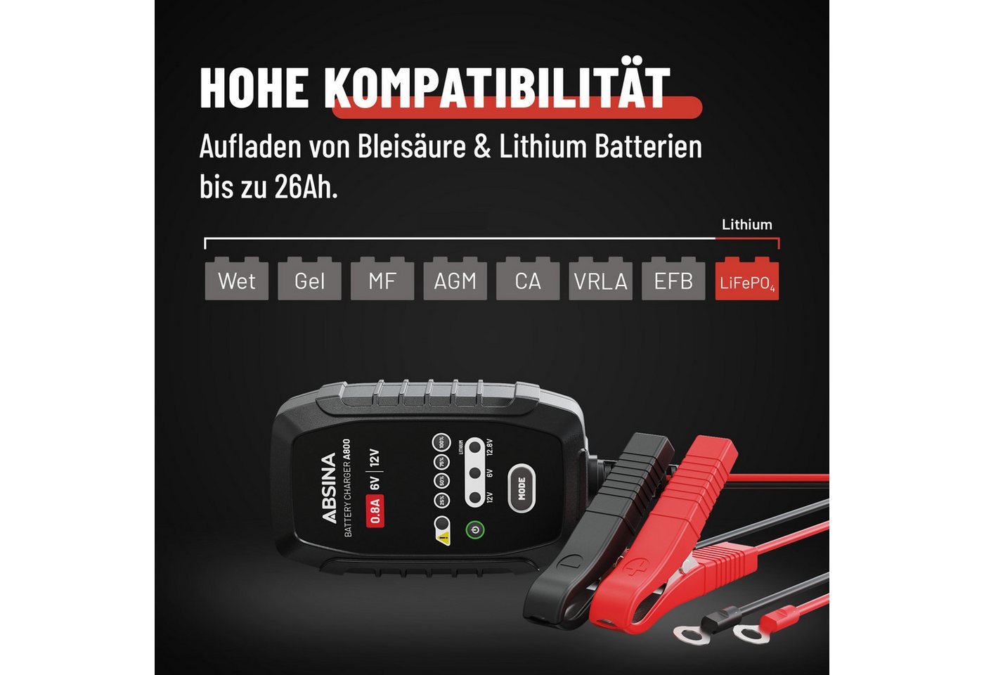 ABSINA Motorradbatterie Ladegerät - Motorrad Erhaltungsladegerät für 6V & 12V Autobatterie-Ladegerät (800 mA, 1-tlg) – Bild 2 von 5