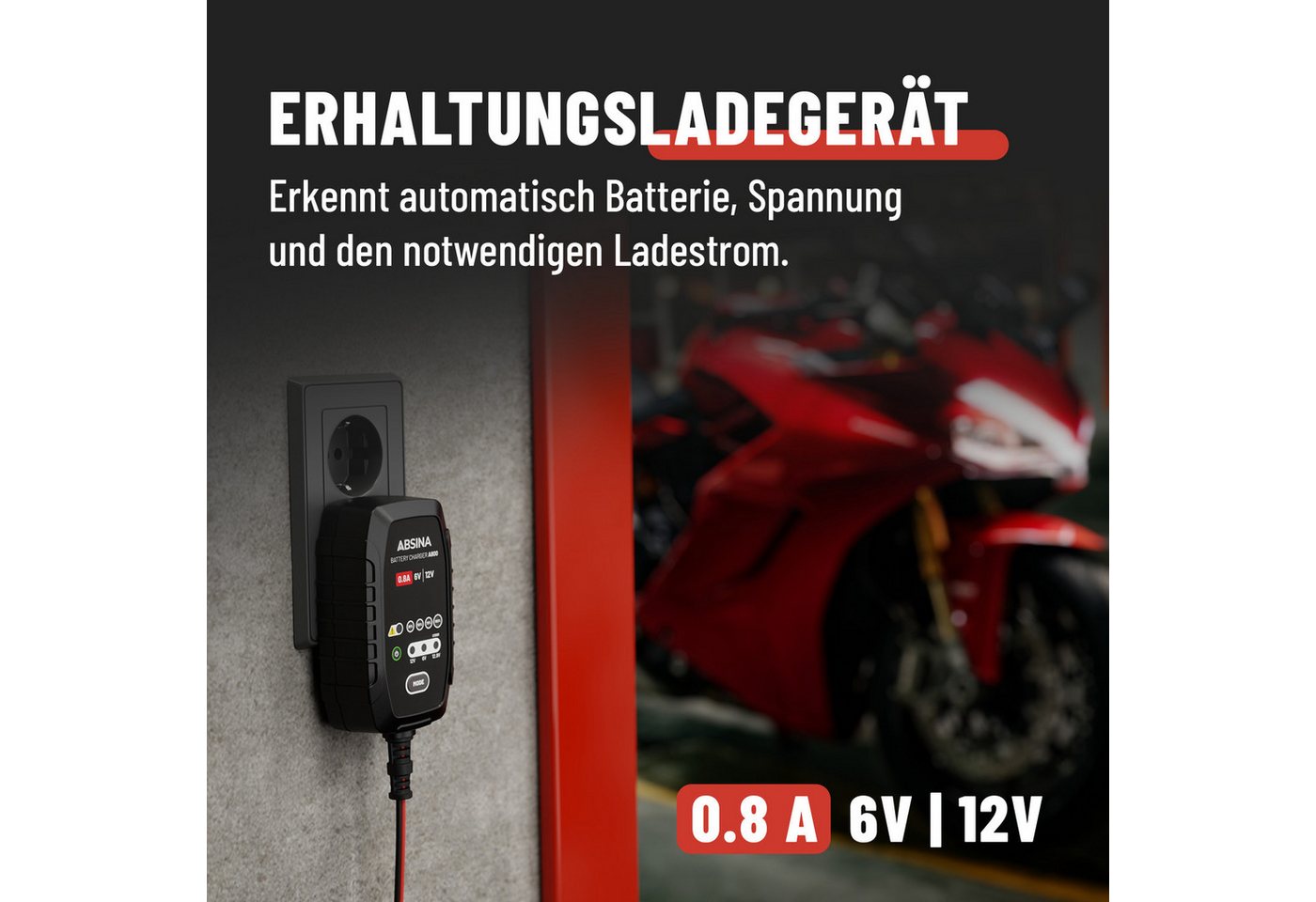 ABSINA Motorradbatterie Ladegerät - Motorrad Erhaltungsladegerät für 6V & 12V Autobatterie-Ladegerät (800 mA, 1-tlg) – Bild 4 von 5