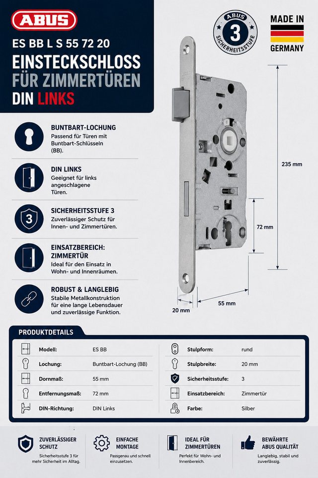 ABUS Einsteckschloss 2er Set Türschloss BB Links Zimmertürschloss Innentürschloss »Buntbart Schloss Einsteckschloss Türbeschlag für Zimmertüren«, Zimmer Tür Sch – Bild 5 von 5