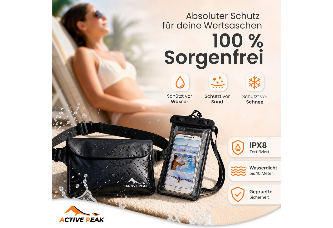 Active Peak Drybag Wasserdichte Tasche, Bauchtasche & Wasserdichte Handyhülle (2-tlg), Waterproof Bag für Kajak, Strand, Urlaub uvm. – Bild 2 von 5