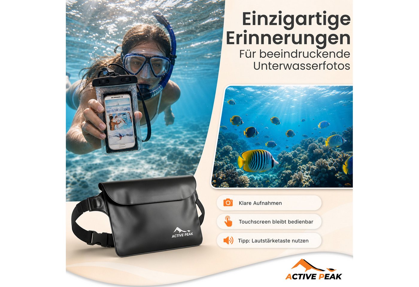 Active Peak Drybag Wasserdichte Tasche, Bauchtasche & Wasserdichte Handyhülle (2-tlg), Waterproof Bag für Kajak, Strand, Urlaub uvm. – Bild 3 von 5