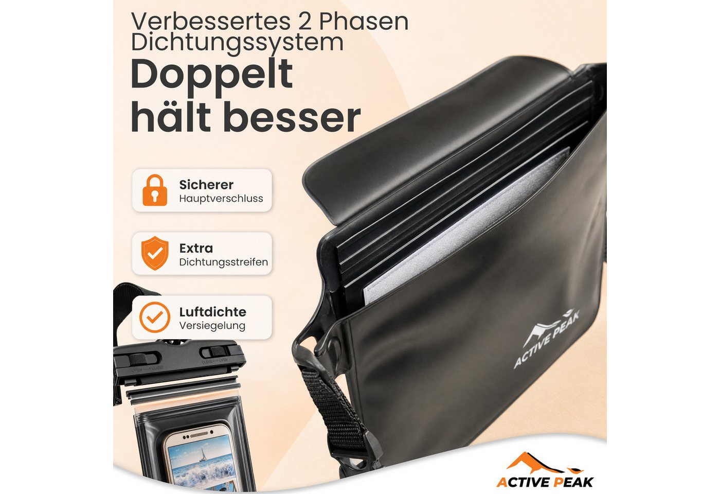 Active Peak Drybag Wasserdichte Tasche, Bauchtasche & Wasserdichte Handyhülle (2-tlg), Waterproof Bag für Kajak, Strand, Urlaub uvm. – Bild 4 von 5