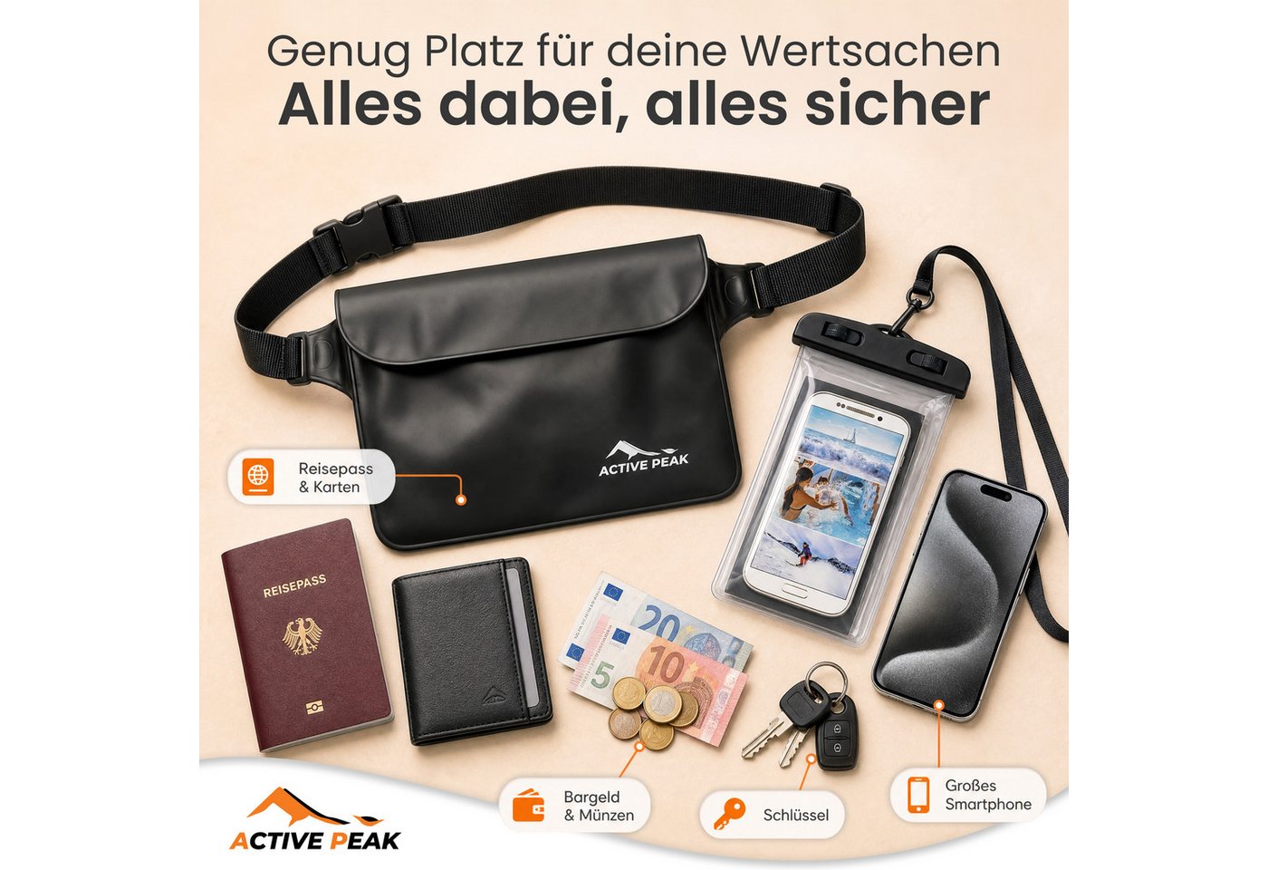 Active Peak Drybag Wasserdichte Tasche, Bauchtasche & Wasserdichte Handyhülle (2-tlg), Waterproof Bag für Kajak, Strand, Urlaub uvm. – Bild 5 von 5