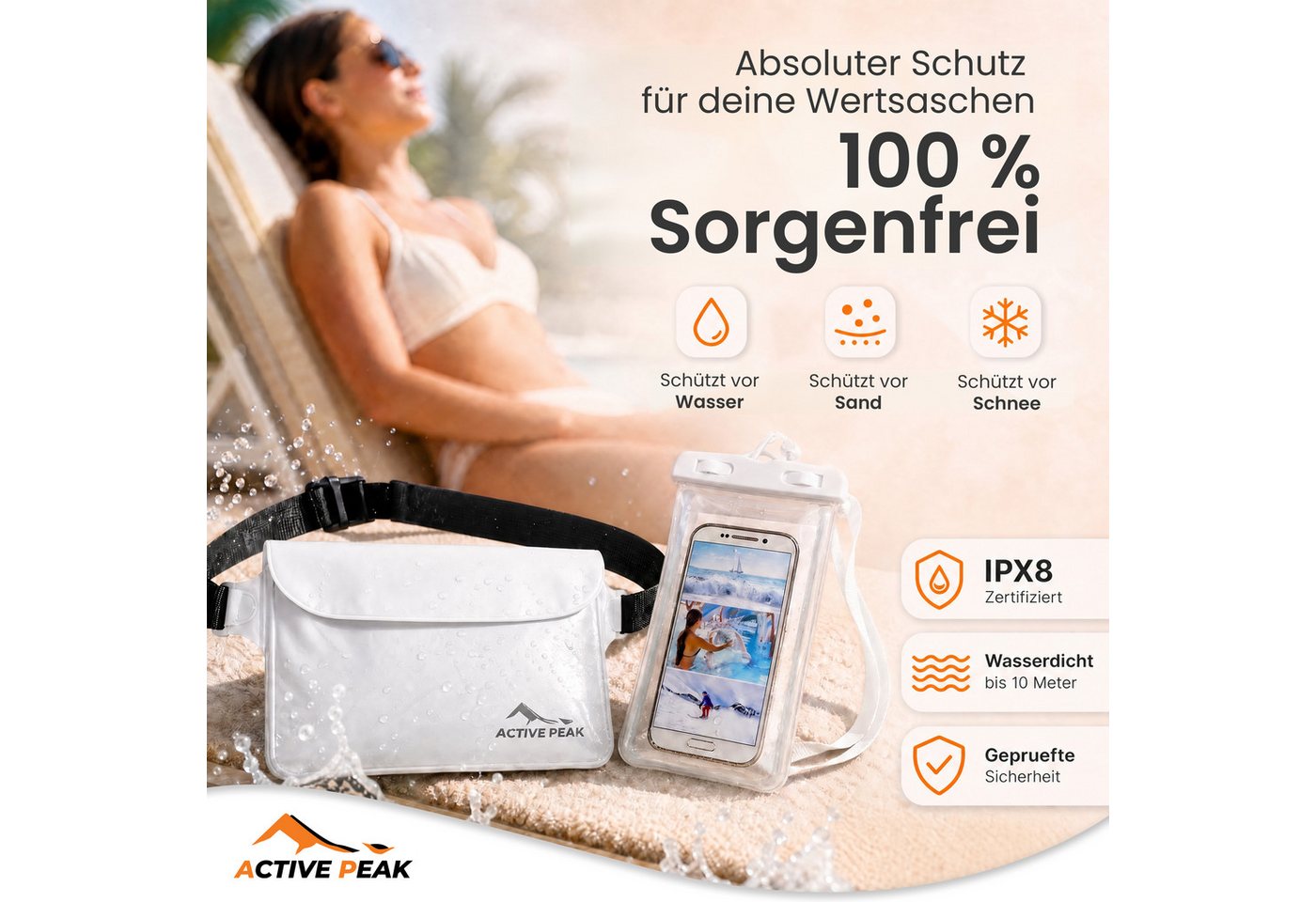 Active Peak Drybag Wasserdichte Tasche, Bauchtasche & Wasserdichte Handyhülle (2-tlg), Waterproof Bag für Kajak, Strand, Urlaub uvm. – Bild 2 von 5