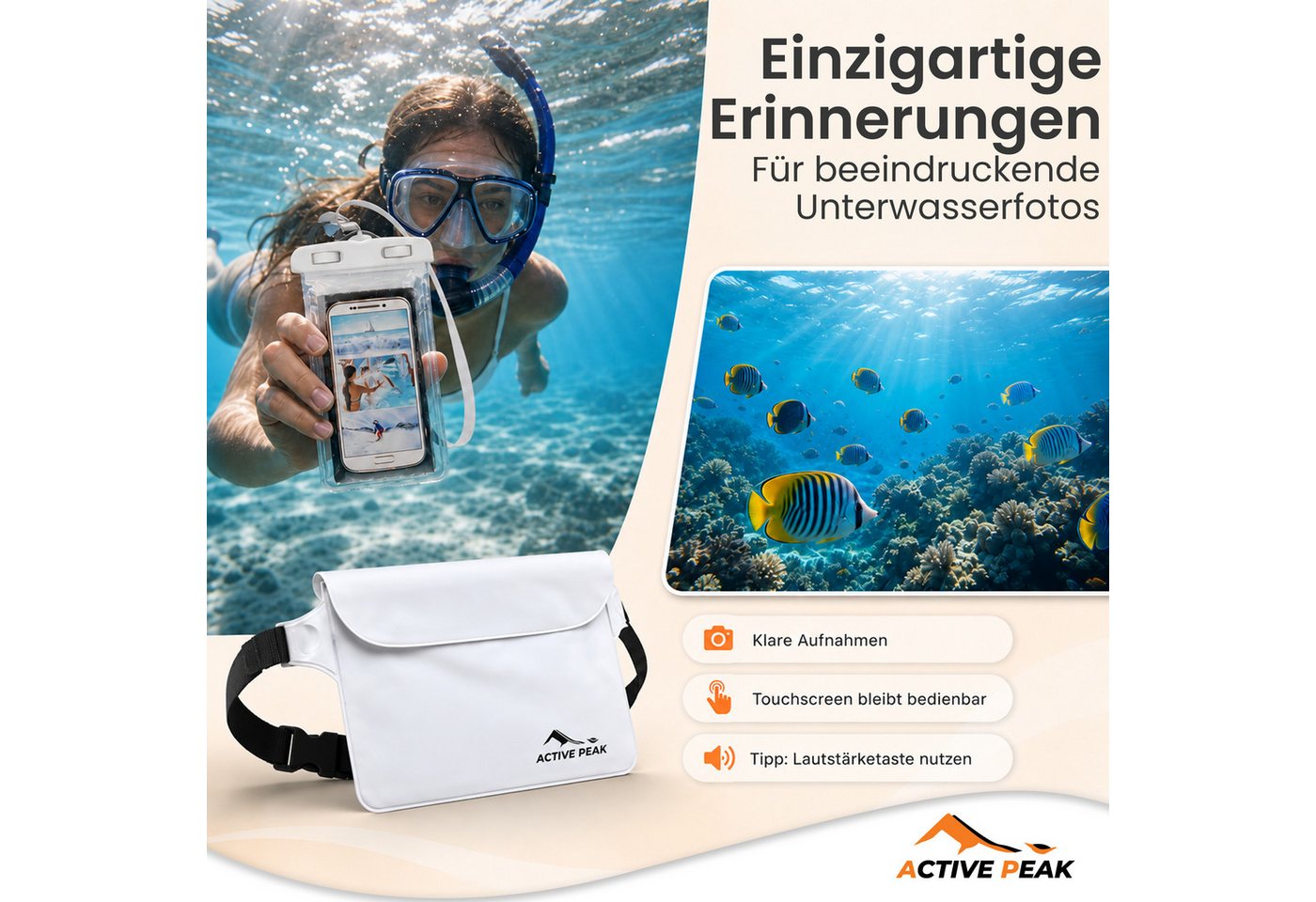 Active Peak Drybag Wasserdichte Tasche, Bauchtasche & Wasserdichte Handyhülle (2-tlg), Waterproof Bag für Kajak, Strand, Urlaub uvm. – Bild 3 von 5