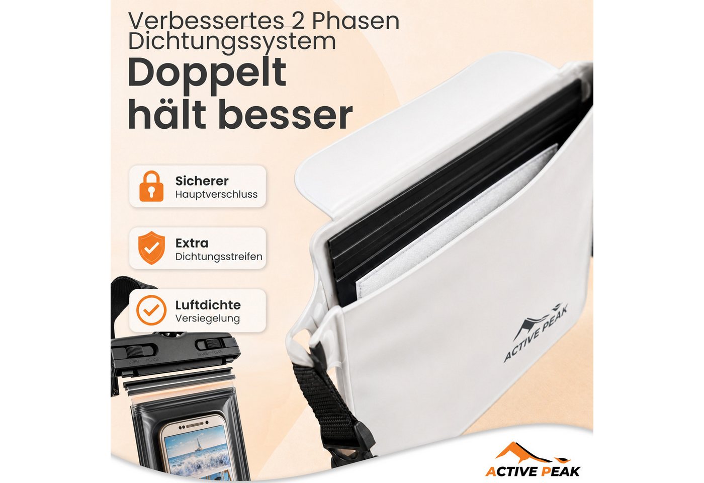 Active Peak Drybag Wasserdichte Tasche, Bauchtasche & Wasserdichte Handyhülle (2-tlg), Waterproof Bag für Kajak, Strand, Urlaub uvm. – Bild 4 von 5
