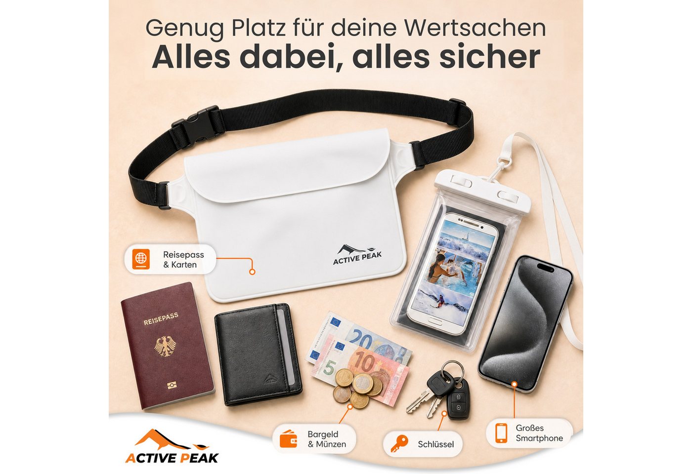 Active Peak Drybag Wasserdichte Tasche, Bauchtasche & Wasserdichte Handyhülle (2-tlg), Waterproof Bag für Kajak, Strand, Urlaub uvm. – Bild 5 von 5