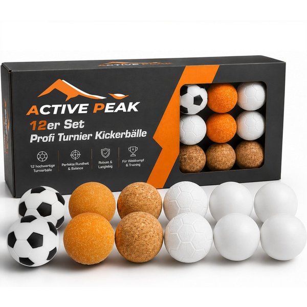 Active Peak Kickertisch 12er Set Profi Turnier Kickerbälle 35 & 36 mm (12-tlg., Enthält leise Korkbälle, Grip-Bälle & klassisches Fußball-Design), Professionell
