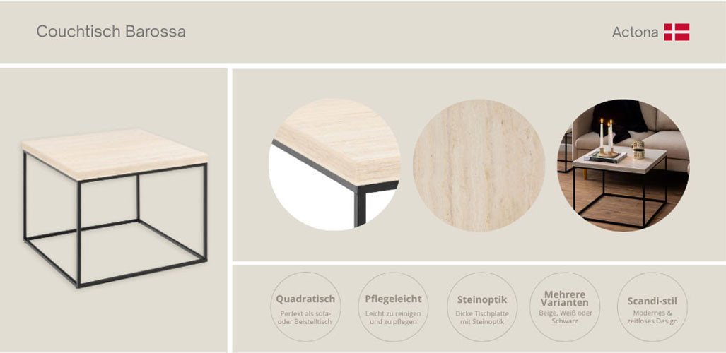 ACTONA GROUP Couchtisch Barossa, Wohnzimmer-Tisch, quadratisch, in Steinoptik, Modern, Steinoptik, schwarze Stahlbeine, in mehreren Varianten, B: 60 cm – Bild 2 von 5
