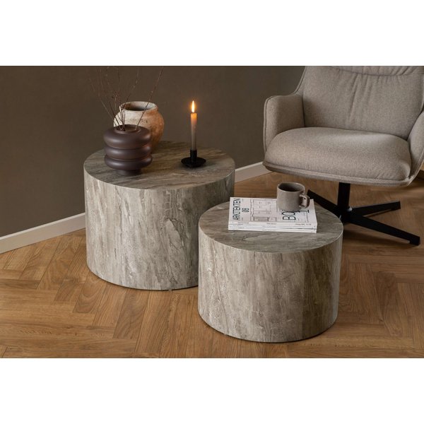 ACTONA GROUP Couchtisch Dice 2er Set - Steinoptik, modern & stilvoll, skandinavisches Design (Couchtisch, Beistelltisch), rund, 2er-Set, Steinoptik, in weiteren