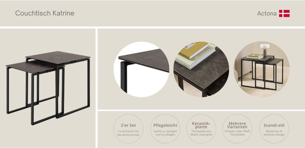 ACTONA GROUP Couchtisch Katrine, 2er-Set, Kaffetisch, Keramik-Tischplatte, modern, Scandi (Set, 2-St., Set aus 2 Couchtischen), Quadratisch, robustes schwarzes  – Bild 2 von 4