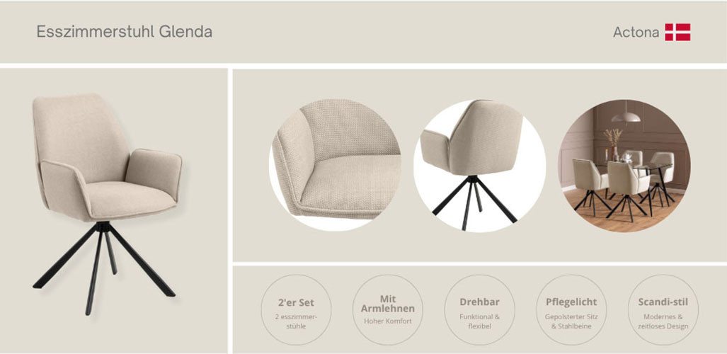 ACTONA GROUP Esszimmerstuhl Glenda 2er-Set, 360° drehbar, mit Armlehnen, in mehreren Farben, gepolstert, mit Armlehne, schwarze Stahlbeine, drehbar, 2er-Set – Bild 4 von 5