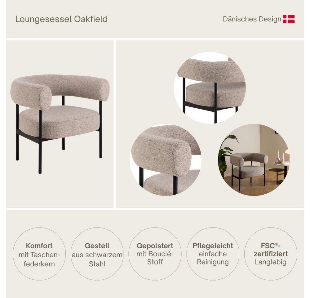 ACTONA GROUP Loungesessel Oakfield, Polstersessel, Relaxsessel, mit Armlehnen, Hoher Komfort, Modern, Beiger Stoff, Schwarze Stel, Taschenfedern, Sitzhöhe: 43,5 – Bild 3 von 5
