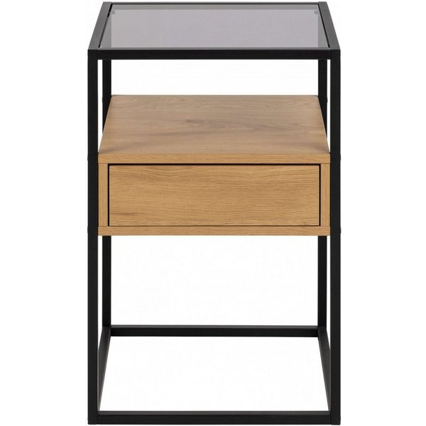 ACTONA GROUP Nachttisch Randolf, Nachtschrank, skandinavisches Design, gehärtetes Rauchglas, Schublade in Holzoptik mit Push-to-Open-Funktion, Stahlbeine, B: 40