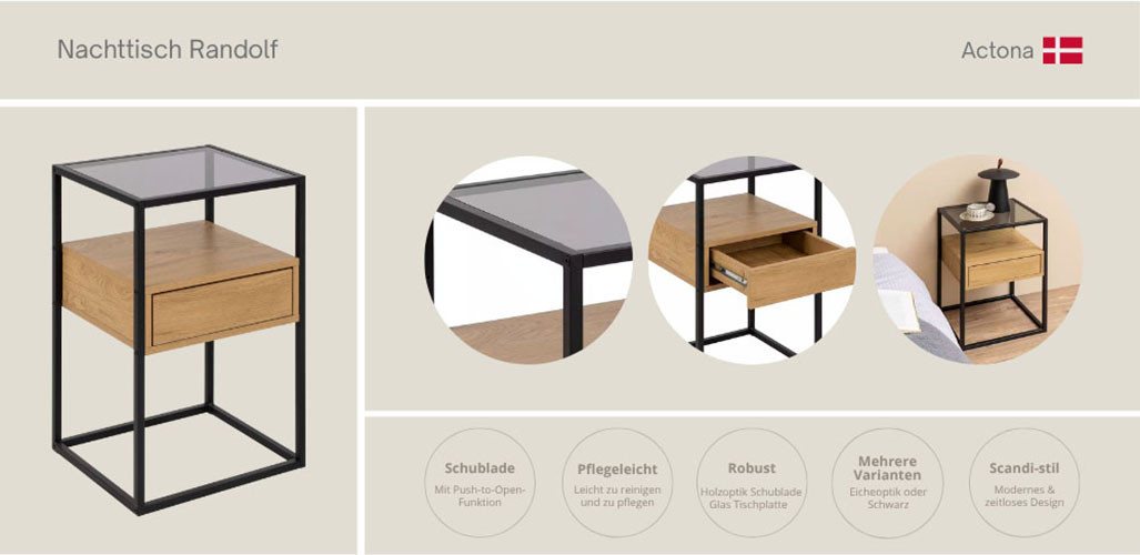 ACTONA GROUP Nachttisch Randolf, Nachtschrank, skandinavisches Design, gehärtetes Rauchglas, Schublade in Holzoptik mit Push-to-Open-Funktion, Stahlbeine, B: 40 – Bild 2 von 5