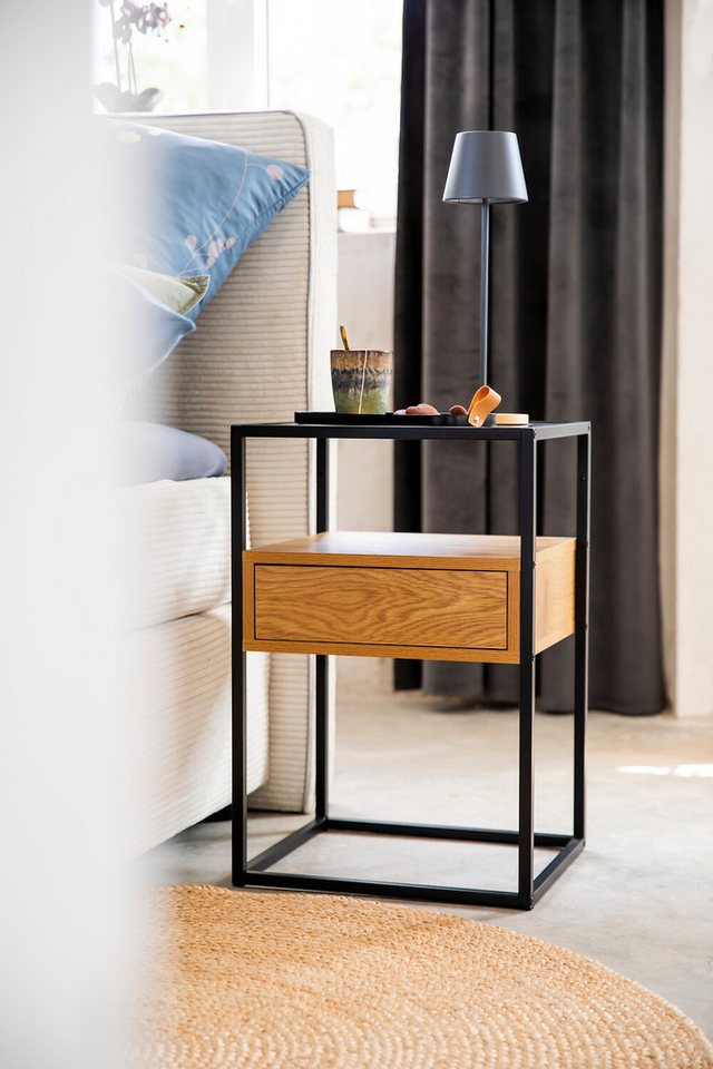 ACTONA GROUP Nachttisch Randolf, Nachtschrank, skandinavisches Design, gehärtetes Rauchglas, Schublade in Holzoptik mit Push-to-Open-Funktion, Stahlbeine, B: 40 – Bild 3 von 5
