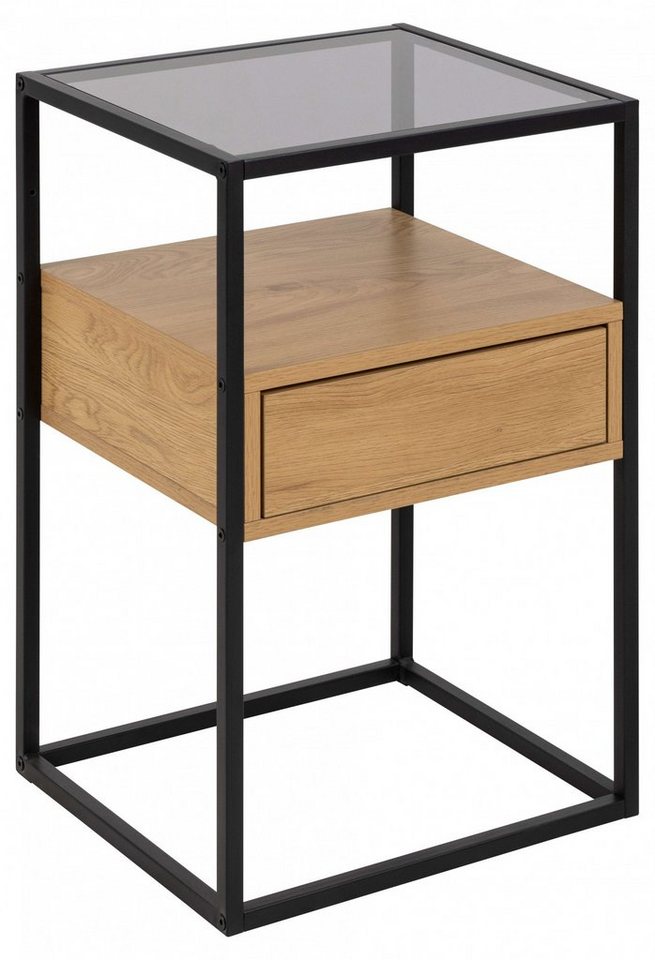 ACTONA GROUP Nachttisch Randolf, Nachtschrank, skandinavisches Design, gehärtetes Rauchglas, Schublade in Holzoptik mit Push-to-Open-Funktion, Stahlbeine, B: 40 – Bild 4 von 5