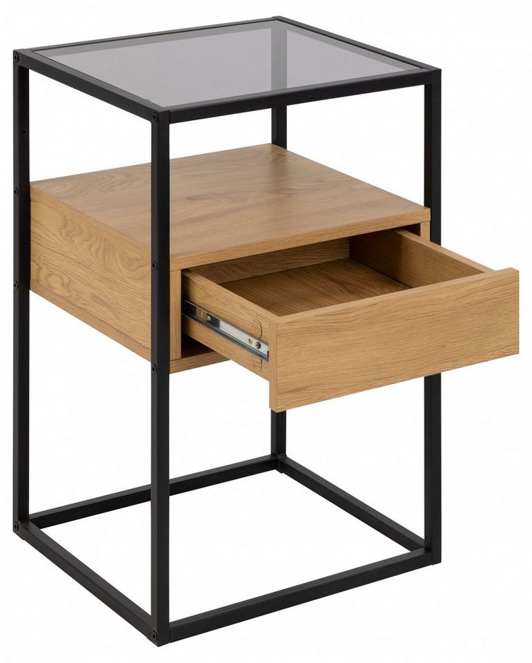ACTONA GROUP Nachttisch Randolf, Nachtschrank, skandinavisches Design, gehärtetes Rauchglas, Schublade in Holzoptik mit Push-to-Open-Funktion, Stahlbeine, B: 40 – Bild 5 von 5