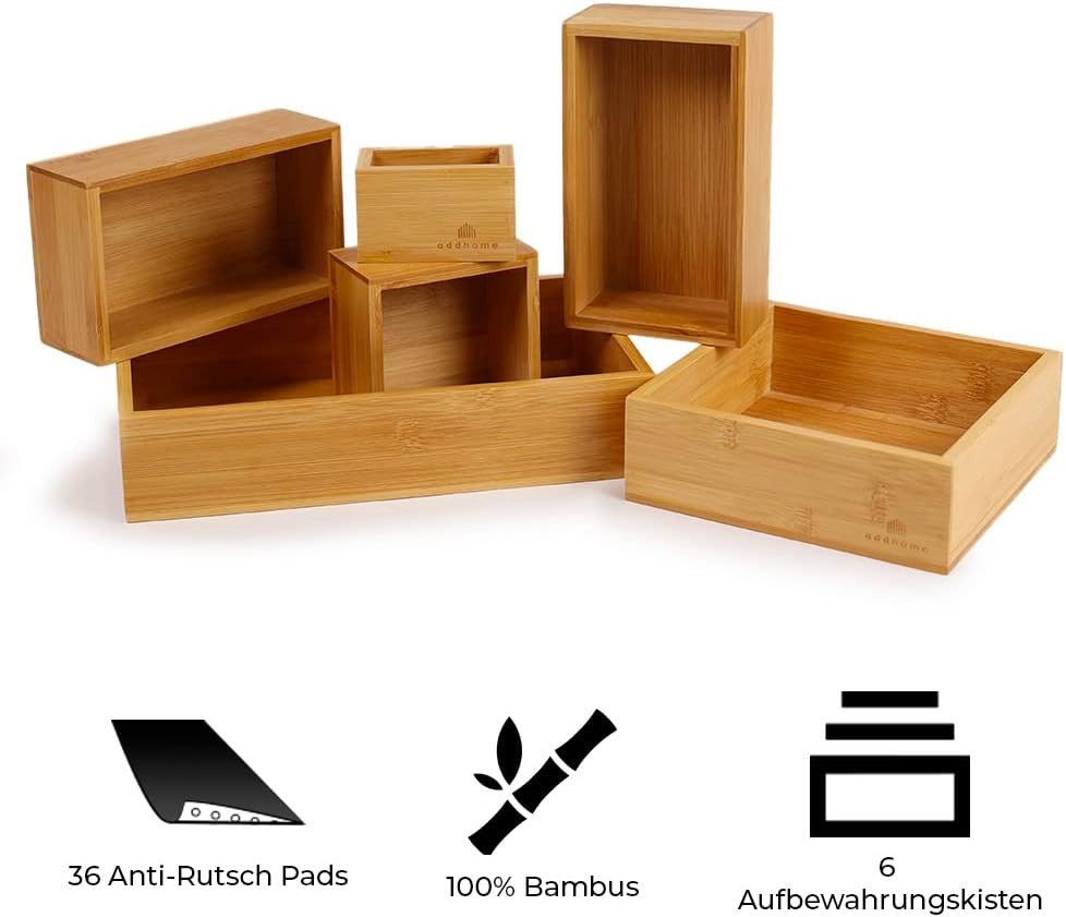 addhome Schubladenbox 6er Set Bambus Schubladen Organizer Individuelle Boxen inkl. Pads, 6 Größen: 27cm bis 5cm Flexibles Ordnungssystem mit 36 Rutschpads – Bild 2 von 4