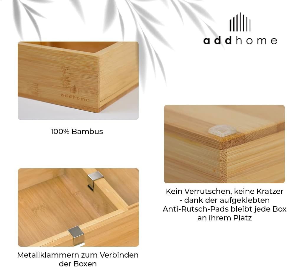 addhome Schubladenbox 6er Set Bambus Schubladen Organizer Individuelle Boxen inkl. Pads, 6 Größen: 27cm bis 5cm Flexibles Ordnungssystem mit 36 Rutschpads – Bild 3 von 4